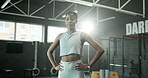 Fitness, ready and serious with woman in gym for start of exercise, training or workout routine. Athlete, confident and portrait of African person in health club for improvement or performance