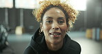 Breathing, face and smile with fitness woman in gym for start of exercise, training or workout routine. Challenge, portrait and sweat with happy of African person in health club for performance
