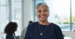 Smile, office and face of business woman in meeting with pride, positive and leadership for team. Happy, confident and portrait of professional mature attorney from Mexico in workplace boardroom.