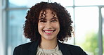 Face, woman and smile on portrait in office with pride for career, job growth and opportunity as lawyer. Female person, employee and happy or confident as legal advisor, consultant and attorney