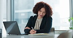 Laptop, notebook and business woman in office writing schedule for planning, research or information. Technology, typing and female lawyer from Brazil working on computer with notes for legal case.