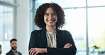 Woman, arms crossed and happy on portrait in office with pride for career, job growth and opportunity as lawyer. Female person, employee and confident as legal advisor, consultant and attorney