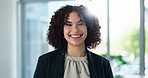 Lawyer, woman and happy on portrait in office with pride for career, job growth and opportunity. Female person, employee and confident with smile for court as legal advisor, consultant and attorney