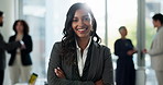 Crossed arms, business and face of Indian woman in office with company pride, confidence and smile. Corporate lawyer, professional and portrait of person for career, job ambition and work at law firm