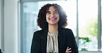 Office, smile and face of woman with arms crossed for corporate career, pride and ambition. Happy, female person and lawyer with confidence for professional company, legal business or job at law firm