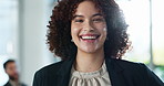 Face, woman and happy on portrait in office with pride for career, job growth and opportunity as lawyer. Female person, employee and confident with smile as legal advisor, consultant and attorney