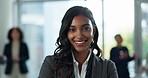Happy, lawyer and face of business woman in office with positive, pride and confidence for legal career. Smile, professional and portrait of advocate from India at corporate company in workplace.