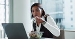 Business, laptop and woman with food, eating and connection with research, salad bowl and break. Person, professional and employee with pc, internet and healthy meal with nutrition and online reading