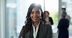 Indian woman, arms crossed and happy on portrait in office with pride for career, job growth and opportunity as lawyer. Female person, employee and confident as legal advisor, consultant and attorney