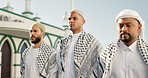 Muslim, religion and men walking to mosque for worship, religious education and prayer for Eid Mubarak. Islamic community, friends and people by holy temple for Ramadan Kareem, faith and belief