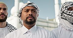 Islam, faith and men outside mosque in keffiyeh for spiritual worship, prayer or solidarity on Hajj. Ramadan, worship and Muslim people with respect, trust or support in journey to holy city of Mekka