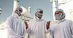 People, men and talking by mosque for Muslim religion with spirituality talk, support and keffiyeh scarf. Friends, speaking or explain faith at Islamic temple with peace, respect and trust in Beirut