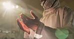 Praying, Islamic or man with open hands in mosque for spiritual reading, religious worship or closeup. Muslim person, palms or holy building for Gaza hope, faith and trust in community solidarity