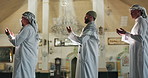 Praying, Islamic and people with open hands in mosque for spiritual reading, religious worship and Urdu. Muslim group, palms or holy building for Gaza hope, faith and trust in community solidarity