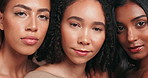 Girl, diversity and face in studio for skincare with support, natural makeup and beauty with wellness of skin routine. Female people, inclusion and serious with feminine pride, dermatology and shine.