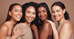 Diversity, friends and face in studio for skincare with shine, natural makeup and beauty with wellness of skin routine. Female people, inclusion and happy with pride for equality, community and glow.