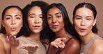 Girl, face and blow kiss in studio for skincare with diversity, natural makeup and beauty with wellness of skin routine. Female people, inclusion and happy with feminine pride, dermatology and shine.