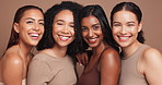 Girl, people and face in studio for skincare with diversity, natural makeup and beauty with wellness of skin routine. Female friends, inclusion and happy with pride for equality, dermatology and glow