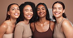 Shine, women and face in studio for skincare with diversity, natural makeup and beauty with wellness of skin routine. Female people, inclusion and happy with pride for equality, dermatology and glow.