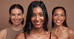 Confident, women and smile in studio, portrait and glow skin with dermatology, treatment and friends. Beauty salon, results and girls with skincare in brown background, face and proud of cosmetics