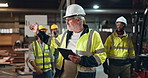 Group, architecture and men with tablet for warehouse check, collaboration and planning for design development. Team, engineer and digital for floor plan, feedback and inspection for project safety