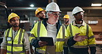 Architecture, tablet and men with teamwork, leader and conversation for warehouse schedule. People, group and cooperation with technology, safety and planning for project, workflow and explain duty