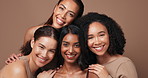 Diversity, portrait and women with smile for skincare, friendship and body positivity on studio background. Female group, inclusion and together with hug for makeup, dermatology and treatment