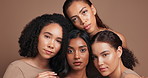 Shine, friends and face in studio for skincare with diversity, natural makeup and beauty with wellness of dermatology. Female people, inclusion and serious with pride for equality, community and glow