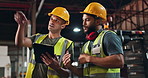 Architecture, men and tablet for discussion in warehouse, collaboration and planning for design development. Team, engineer and digital for floor plan, feedback and construction for project safety