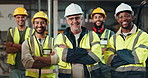 Men, portrait and team in factory for logistics, distribution and happiness for success. Senior manager, diverse group and confidence in warehouse for manufacturing, supply chain and solidarity