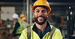 Helmet, worker and uniform of man in construction, safety and industry of engineering, face and building. Industrial, happy and portrait of person, smile and joy of employee in factory and warehouse