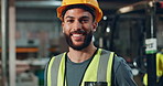 Helmet, worker and confidence of man in construction, safety and industry of engineering, face and building. Industrial, happy and portrait of person, smile and joy of employee and warehouse for work