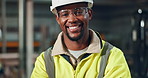 Helmet, worker and smile of black man in construction, safety and industry of engineering, face and building. Industrial, happy and portrait of person, glasses and employee in factory and warehouse