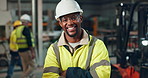 Helmet, worker and laughing with glasses in construction, safety and black man in warehouse, face and building. Industrial, happy and portrait of person, smile and joy of employee in factory and work