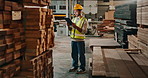 Wood, warehouse and man with tablet for check, online orders and stock control in factory. Logistics, supplier and male worker with technology for manufacturing, distribution and inventory management