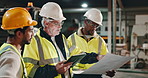 Architecture, tablet and men with blueprints, cooperation and conversation for warehouse schedule. Industrial, group and meeting with tech, safety and planning for project, workflow and explain duty