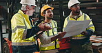 Architecture, tablet or men with teamwork, blueprints or conversation for warehouse schedule. Documents, group or cooperation with technology, safety or planning for project, workflow or explain duty