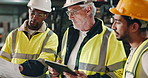 Architecture, tablet and men with blueprint, civil engineering and cooperation for warehouse schedule. Industrial, teamwork or group with technology, safety and planning for project, workflow or app