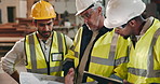 Architecture, tablet and men with planning for project, industrial and conversation for warehouse schedule. Collaboration, group and cooperation with tech, safety and civil engineering or maintenance