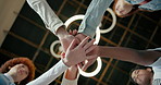 Happy people, below and team with hands together for collaboration, agreement or mission at office. Low angle or group of employees piling or touching for creative startup, motivation or solidarity