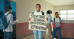 Education, poster and student face for protest against violence, school shooting and weapons in America. Campus, corridor or placard of teenager girl for awareness, dialogue and peace for gun crime