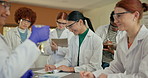 Teacher, students and happy in science classroom for education, experiment and learning. Teenager, people and classmates with chemicals at lab in high school as future scientist for research