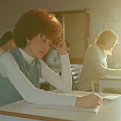 University, thinking or girl in classroom for exam, test or confused by ...