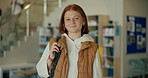 Happy, high school and portrait of teen girl with backpack for education, growth and development on campus. Smile, face and student in hallway of learning academy with confidence, pride and knowledge