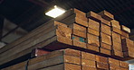 Wood, warehouse and storage of lumber with stock for production or furniture manufacturing at plant. Woodwork, carpentry and industrial factory with planks in inventory for construction or building