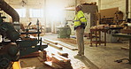 Man, carpenter and thinking in workshop for production, construction and maintenance. Wood, handyman and ideas for project, renovations and development or career in factory for small business 