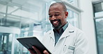 Healthcare, black man or doctor with tablet for reading, medical research or results. Connection, online consultation or mature surgeon with digital for diagnosis, treatment or telehealth in hospital