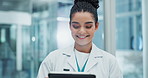 Smile, tablet and medical professional in hospital for healthcare, appointment and online for telehealth. Technology, female doctor and internet for advice and results for patient records in clinic