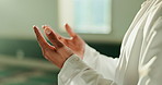 Allah, person or prayer hands in Mosque for peace, gratitude or Palestine support in Islamic holy temple. Closeup, spritual or Muslim Imam praying to worship God on Ramadan Kareem in Saudi Arabia