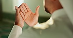 Muslim, man and open hands in Mosque for peace, gratitude or Palestine support in holy temple for Allah. Closeup, spritual and Islamic Imam praying to worship God on Ramadan Kareem in Saudi Arabia